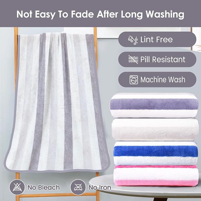 Microfiber Bath Towels, 30" x 60", Cabana Stripe Grey, Set of 2 | Hanging Loop,Large, Soft, Super Absorbent, Fast Drying, Perfect for Hair Wrap, Sport, Fitness, Yoga
