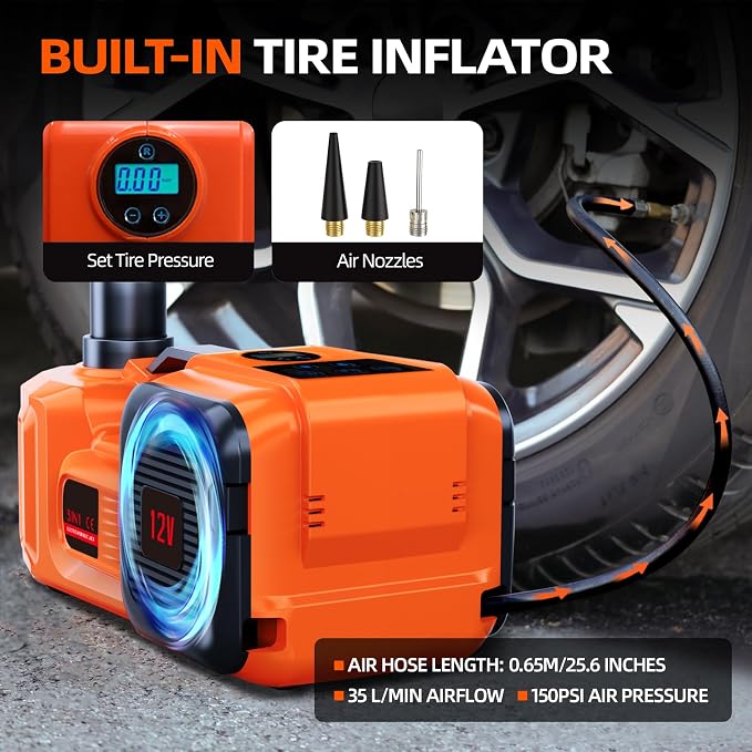 Car Jack Electric Hydraulic Jack 5Ton 155-450mm LCD Display 3in1 Lift Inflator LED Light 12V Portable Outdoor Home Emergency Tire Change Roadside Rescue Tool for Sedan SUV Truck