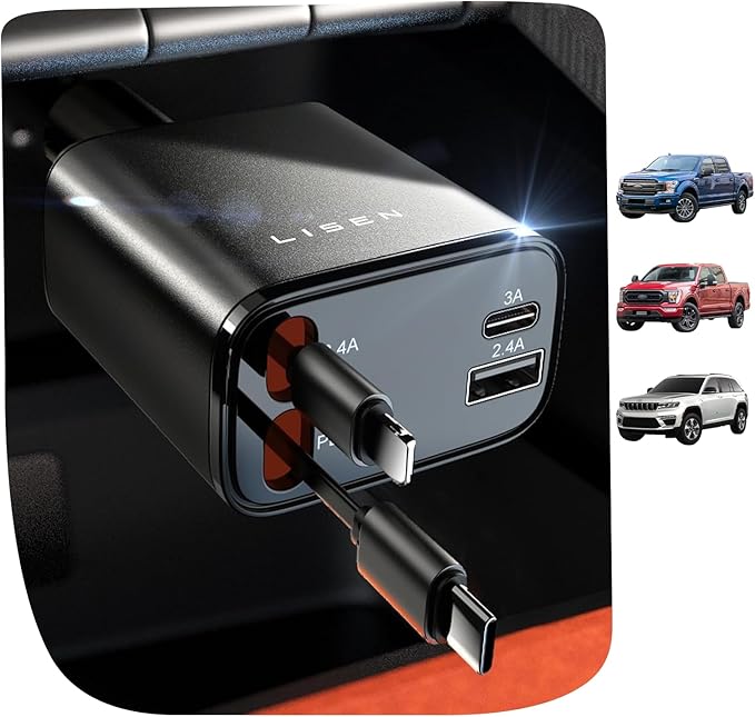 Retractable Car Charger 4 in 1 for Cars, 69W Retractable USB C Car Charger with 31.5in Cable, Fast Charging for iPhone 17 16 15 14 13 12 Pro Max Plus, Compact Cars Accessories for Daily Driving
