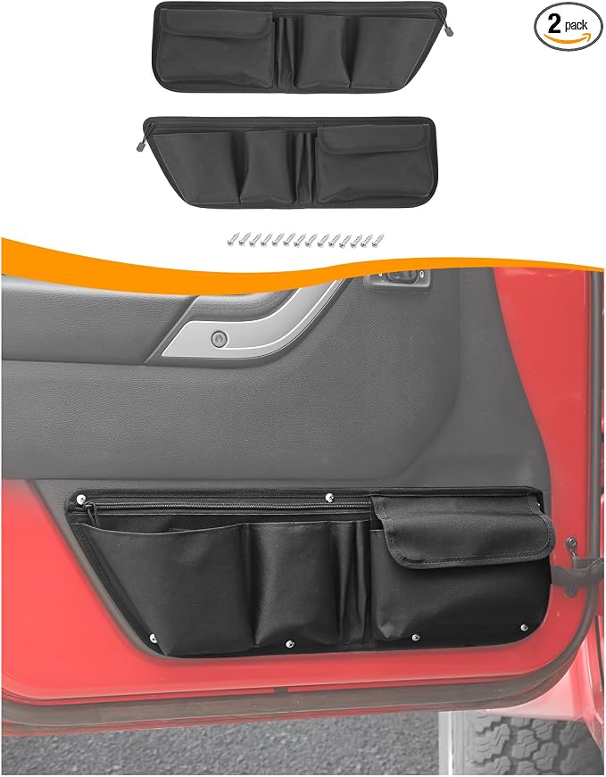 Front Door Storage Pockets Side Organizer Bag Door Net Pocket Replacement Compatible with Jeep Wrangler JK JKU 2011-2017, Interior Storage Expansion Accessories, 2PCs