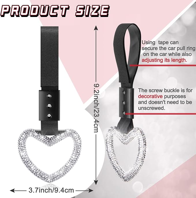 Bling Car Accessories Bling Heart Handle Ring Car Accessory for Women Heart Hand Strap Drift Charm Rear Bumper Warning Ring Decor for auto Bus Interior Exterior Decoration (White,Heart Style)