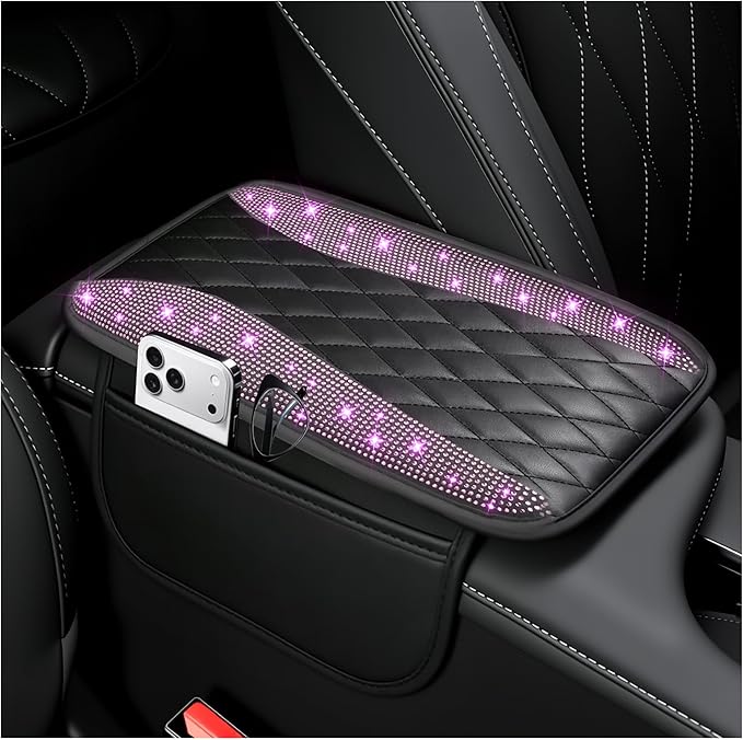 Bling Rhinestones Center Console Covers for Cars,Upgraded Arm Rest Cover for Car with Side Storage Pocket for Car Seat Organizer,Middle Console Cover Stylish Car Decoration (Bling Purple)