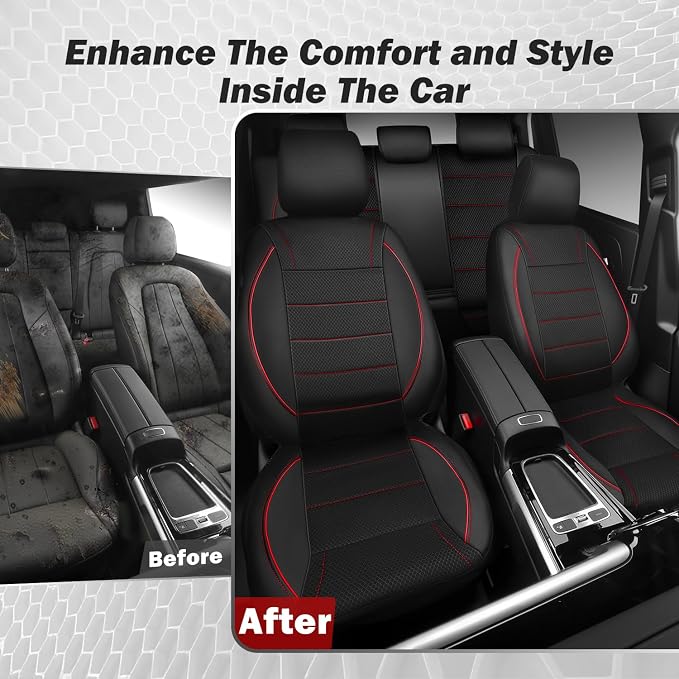 Mesh Leather Car Seat Covers Full Set,Breathable Mesh Faux Leather Seat Covers for Car, Universal Fit for SUV Truck Sedan Automotive, Airbag Compatible, Black and Red