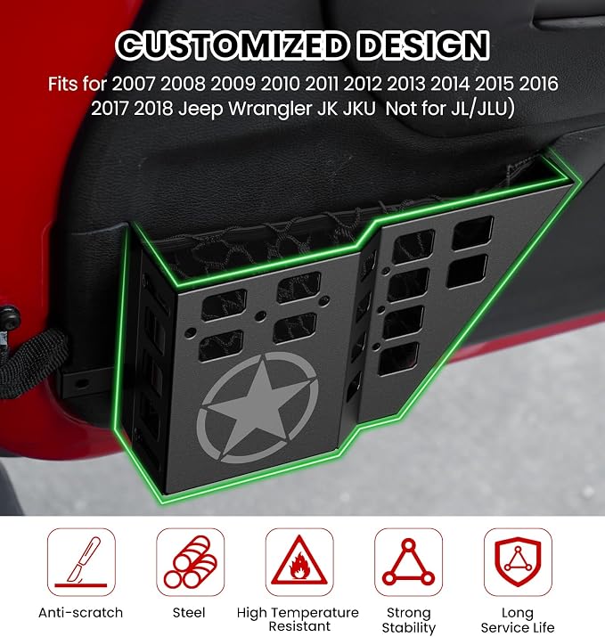 Updated Metal Front Door Storage Box Pockets Fit for JK JKU Wrangler, Adjustable Side Insert Organizer Box for Wrangler JK JKU 2007 2008 2009 2010 2011-2018 Interior Door Storage Accessories 2PCS