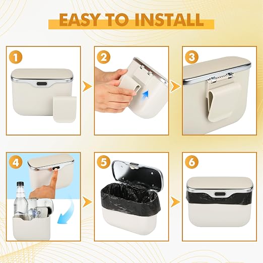 Automatic Push Button Car Trash Can with Secure Lid, Vehicle Garbage Bin (Beige)