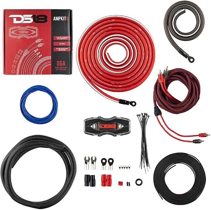 AMPKIT0 0 Gauge CCA Complete Amp Wiring Kit - Amplifier Install Wiring 1/0 Ga Amp Kit Pro Installation Cables Up to 3500 Watts with ANL Fuse Holder 250A