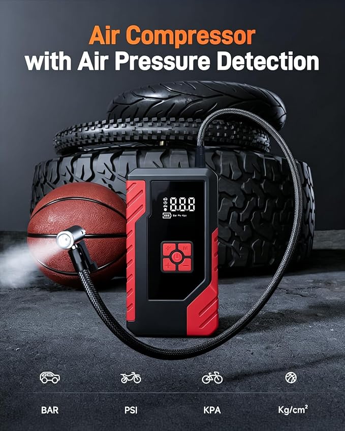 Car Jump Starter with 150PSI Tire Inflator, Portable Car Battery Booster, All-in-One Roadside Emergency Kit with Power Bank & LED Light