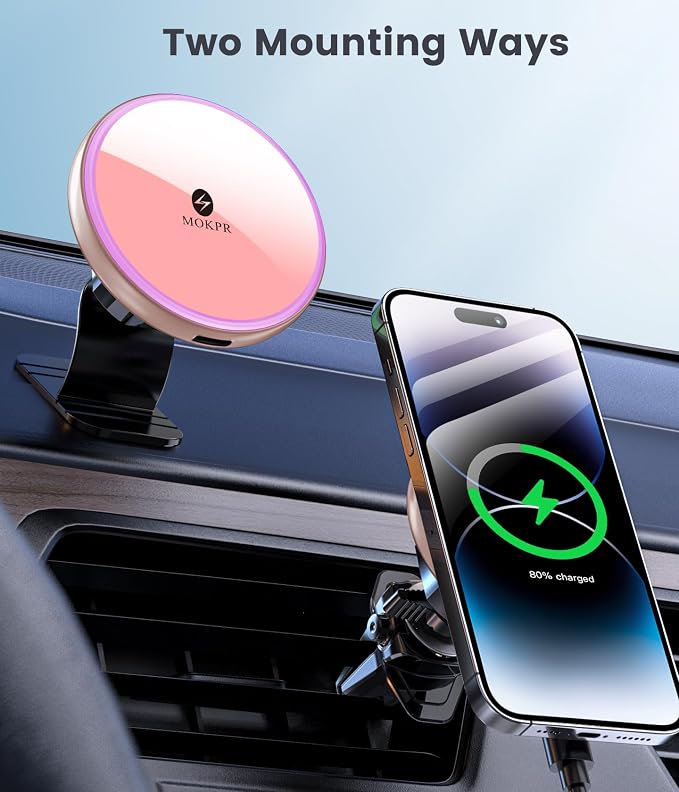 for Magnetic Car Mount Charger-15W Wireless Car Charger-Magnetic Car Phone Holder for Dash Air Vent-LED RGB HandsFree Car Mount Fast Car Charger for iPhone 16 15/14/13/12 Pink