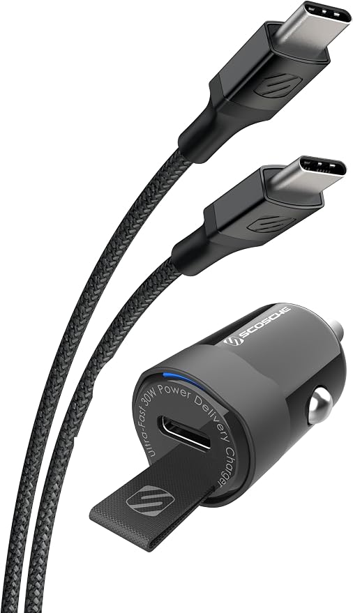 CPDC30 Mini USB-C 30W Car Charger for Cigarette Lighter Outlet, Power Adapter Plug with 4 FT Long USBC to Type-C Fast Charging Cable Cord Compatible with Android, iPhone & iPad, Black