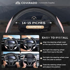 Coverado Car Steering Wheel Cover, Nappa Leather Black & Pink Steering Wheel Covers for Women, Universal 14-15 inch, Anti-Slip, Breathable Steering Wheel Protector