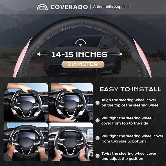 Coverado Car Steering Wheel Cover, Nappa Leather Black & Pink Steering Wheel Covers for Women, Universal 14-15 inch, Anti-Slip, Breathable Steering Wheel Protector
