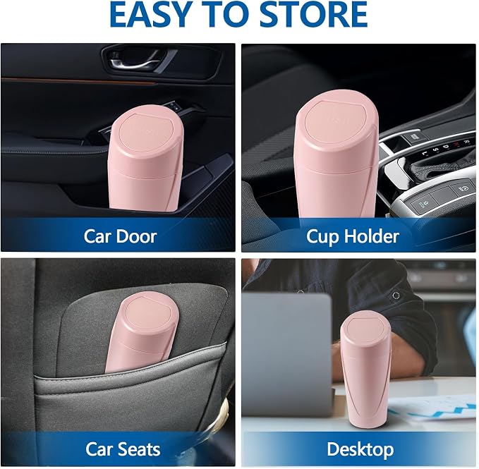 Mini Car Trash Can with Lid, Portable Garbage Can for Car, Leakproof Cup Holder Automotive Garbage Bin with 2 Rolls of Trash Bags, Small Trash Storage Can for Car Home Office(Pink)