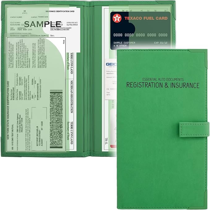 Registration and Insurance Card Holder - Car Organizer - Green | Vehicle Glove Box Document Organizer, Auto Essential Paperwork Holder for Contact Information Cards, Interior Car Accessories