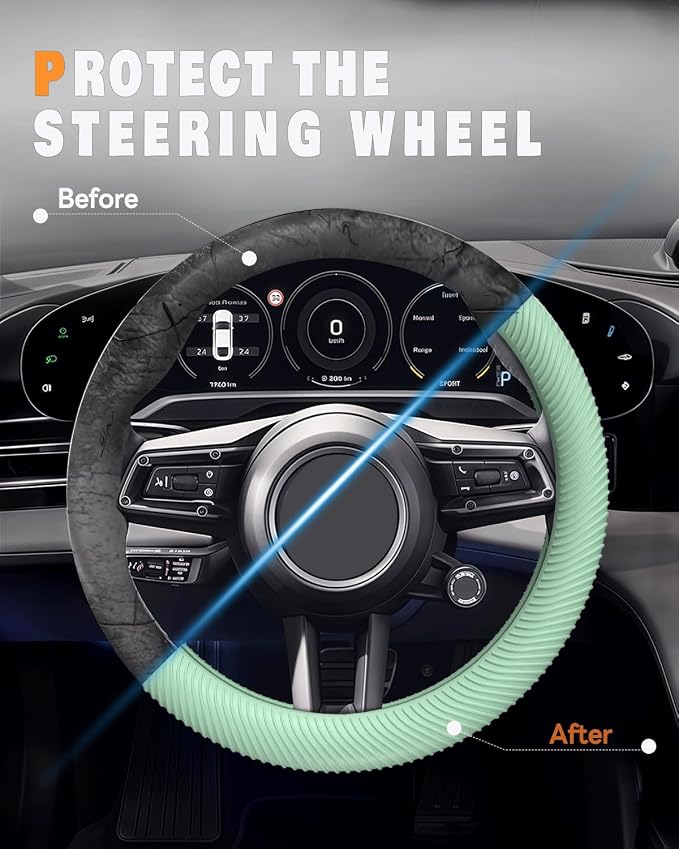 Car Steering Wheel Cover, Thin Anti-Skid Silicone Steering Wheel Cover for Men & Women, Universal Automotive Interior Accessories for Most Cars (Light Green)