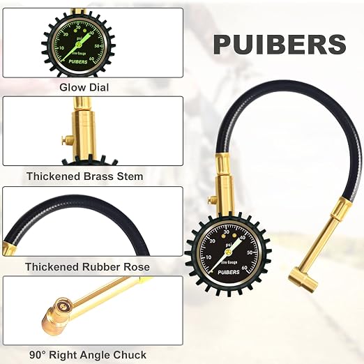 Motorcycle Tire Pressure Gauge 60 PSI, 2’’ dial Mechanical Tire Gauges with 90 Degree Right Angle Chuck Flexible Hose, Tires Guages for Pressure Glow in The Dark for Cars, Motos, Bicycles