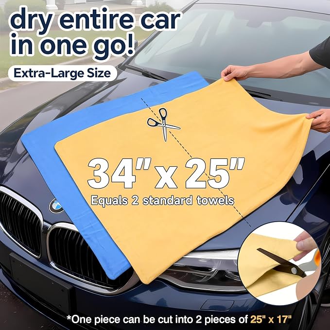 Premium Extra Large Shammy Cloth for Car Drying 2pk (34”x25”)-Super Absorbent XL Chamois Towel for Car-Reusable Shammy Towel for Car, Bathroom,Pets, Dust Remove, No Spots/Streak/Scratch