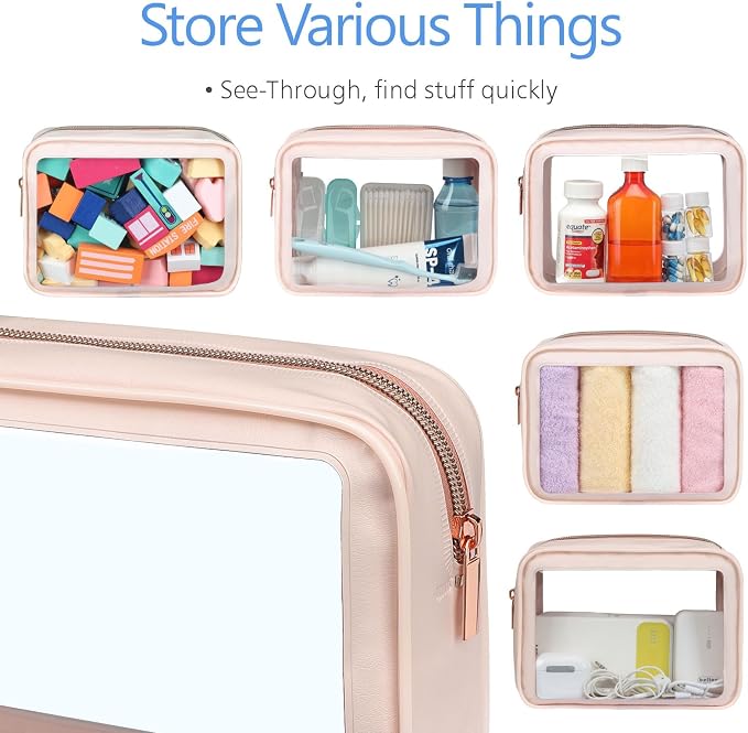 Clear Makeup Bag - TSA Approved Toiletry Bag for Carry-on & Checked Luggage, Water Resistant Car Storage Organizer with Reinforced Seams