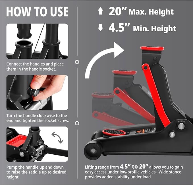 DNA Motoring Floor Jack 4 Ton (8000 lbs) Capacity, Fast Lift Low Profile Hydraulic Trolley Jack, Steel Heavy-Duty Service Car Jack, Lifting Range 4.5"-20", Black, TOOLS-00308-BK