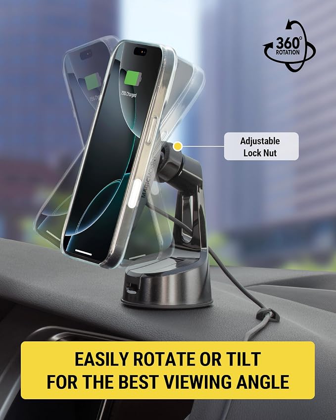 MPQMWD Charge Pro Qi2 MagSafe Charger Car Mount, 15W Fast Magnetic Wireless Charging Suction Cup Phone Holder for Dashboard/Windshield Compatible with iPhone 16/15/14/13/12 Pro Max Plus, S25