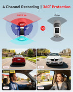 N6 360° Dash Cam 4 Channel, 5.8G WiFi-6 (up to 20MB/s) with App, Free 128GB Card, FHD Front & Rear Inside Dash Cam for Car, 8 IR Lights Night Vision, GPS, 24/7 Parking Mode, G-Sensor