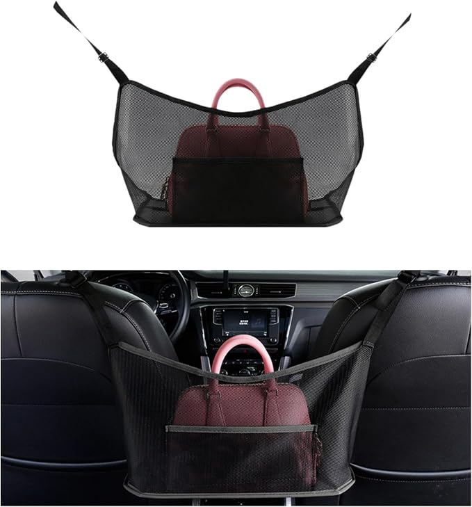 Car Net Pocket Handbag Holder, Organizer Mesh Bag Between Two Seat, Driver Storage Netting Pouch for Handbag Purse, Barrier of Backseat Pet Kids, Car Accessories for Women Men (Black)