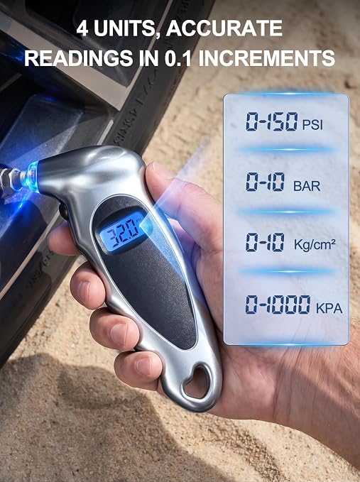 Digital Tire Pressure Gauge 150 PSI, Accurate in 0.1 Increments,1 Pack Tire Pressure Gauge with Backlight LCD, 4 Units (PSI/Bar/Kgf/cm²/KPA) Applicable to Car Truck Bicycle, Silver