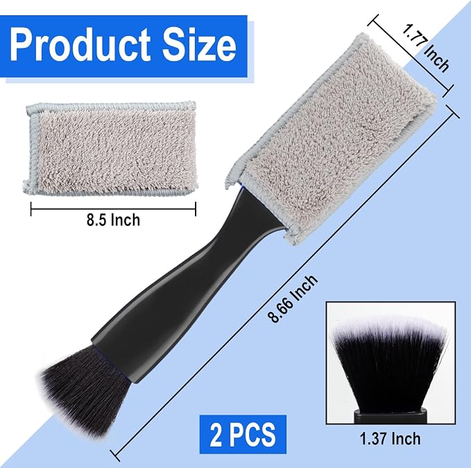 2PCS Double Head Brush for Car Clean, Car Accessories Universal 2 in 1 Car Detailing Brush, Double Ended Portable Dust Brush with 4 Cleaning Cloth, for Air Conditioner Outlets, Dashboard Screen
