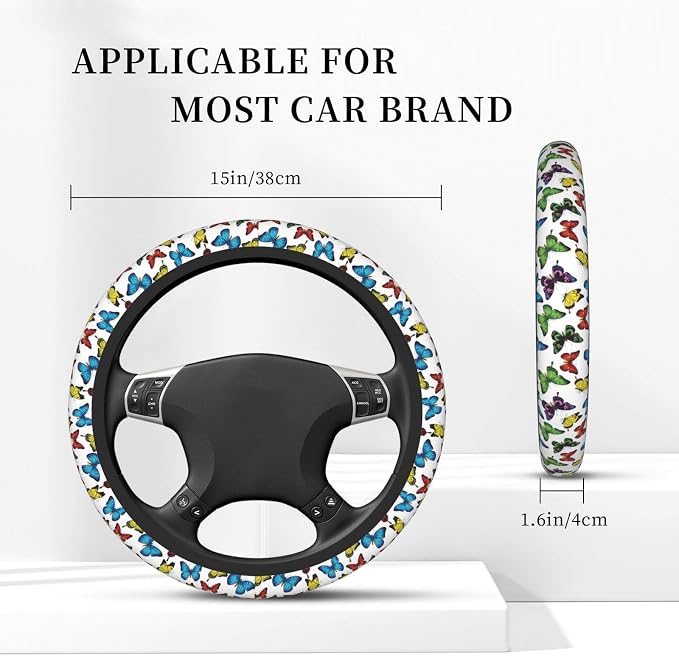Universal 15-Inch Steering Wheel Cover, Colorful Butterfly Print Neoprene Car Handle Protector, Non-Slip & Durable Auto Decor, Breathable Steering Wheel Wrap for Men and Women