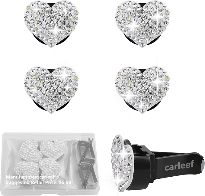 4PCS Heart-Shaped Car Vent Clips with Rhinestone,Bling Air Vent Clips Car Decorations,Premium Shiny Car Clips for Vents CCar Accessories Interior for Cars,Trucks,SUVs (White)