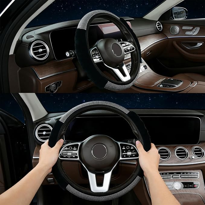 Bling Steering Wheel Cover Black Fluffy Rhinestone for Women Girls | White Diamond Elastic Car Steering Wheel Accessories Sparkling Fur Steering Wheel Protector Warm Universal Fit 14-15 inch