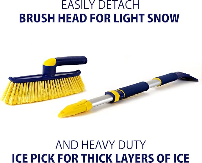 Snow Brush for Car Windshield – Ice Scraper with 34-50” Hybrid Extendable Handle Ergonomic Multi-Tool Detachable Swivel Head Non-Slip Foam Grip Heavy Duty Snow Remover for SUV, Truck
