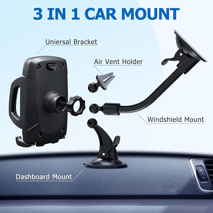 Car Phone Holder Mount, 3-in-1 Universal Cell Phone Holder Car Air Vent Holder Dashboard Mount Windshield Mount Fit for iPhone 17 16 15 14 13 Pro Max, Samsung S24 S23 LG Sony and More