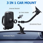 Car Phone Holder Mount, 3-in-1 Universal Cell Phone Holder Car Air Vent Holder Dashboard Mount Windshield Mount Fit for iPhone 17 16 15 14 13 Pro Max, Samsung S24 S23 LG Sony and More
