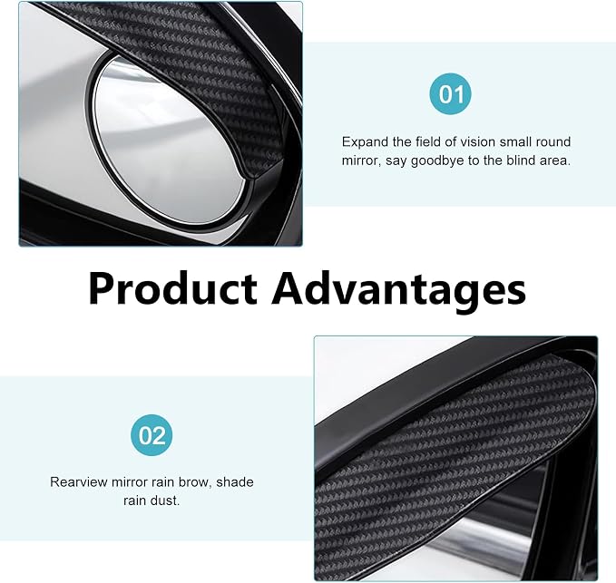 2PCS Car Blind Spot Mirrors, 2-in-1 Car Rearview Eyebrows with 360 Degrees Adjustable Blind Spot Mirror, Self-adhesive Anti Rain Accessories, Enhances Visibility Safety (Black)