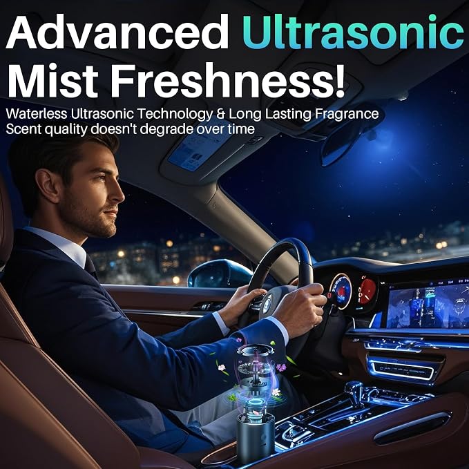 Smart Car Air Freshener, Car Diffuser Air Fresheners with 100ml Natural Fragrance for 6 Months, Auto On/Off, 5 Adjustable Car freshener, RGB Music Syncing Light for Bedroom and Office, Ocean Scent