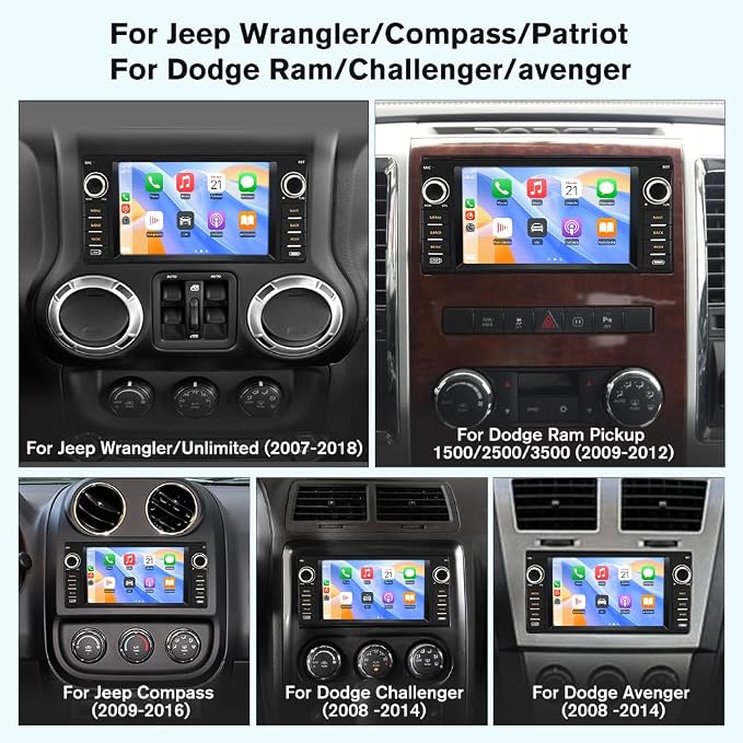 8 Core Car Radio Stereo for Jeep Wrangler JK 2007-2018 Dodge Ram 1500 2008-2012, 7 Inch Touch Screen Radio with CarPlay Android Auto Bluetooth WiFi GPS FM Backup Camera【4GB+64GB】