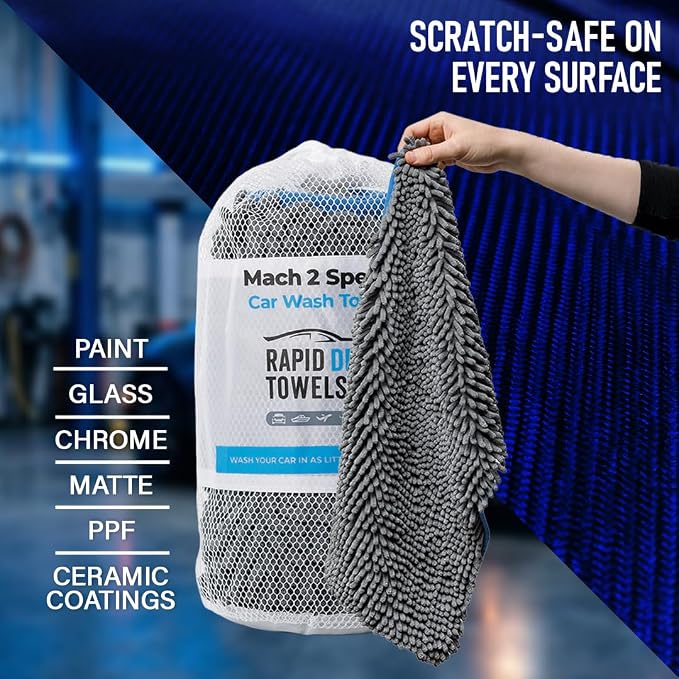 Mach 2 Speed Car Wash Towel | 23.5 x 11.9 in | Chenille Microfiber Car Wash Cloth | 7X Larger Than Wash Mitt | Ultra Absorbent, Scratch-Free, Auto Detailing Towel for Cars SUVs Trucks