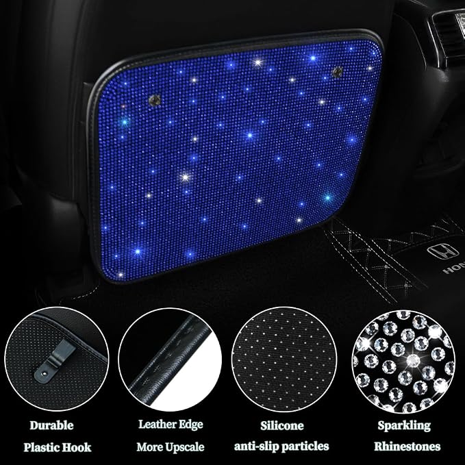 Bling Rhinestone Kick Mats Back Car Seat Protectors Premium Car Interior Decor Accessories for Women and Girls Auto Seat Back Protector with Crystal Diamonds Universal Fits Stylish Blue 2Pcs