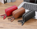 Key Fob Case Genuine Leather, Double Zipper Car Key Holder & Key Wallet with Keychain, Key Pouch for Purse Gift
