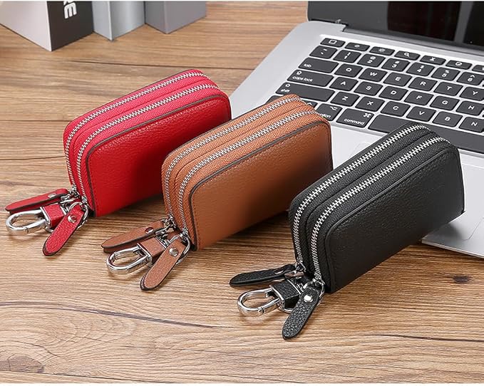 Key Fob Case Genuine Leather, Double Zipper Car Key Holder & Key Wallet with Keychain, Key Pouch for Purse Gift