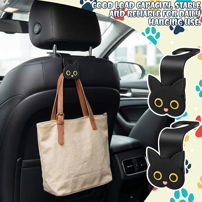 Novabright 4 Pcs Black Cat Car Seat Headrest Hooks Cute Cartoon Cat Car Seat Back Organizer Vehicle Headrest Hangers Automobile Storage Accessories for Handbags Purses Grocery Bags Coats Umbrella
