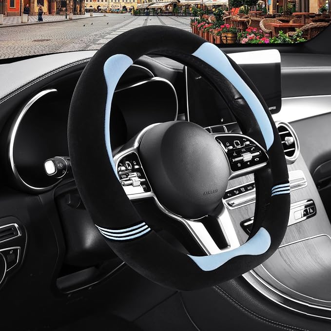 Furry Cute Soft D Shaped Steering Wheel Cover 15 inch Black Blue | Fluffy Short Plush Car Accessories, Non-Slip Cold-Proof Sweat-Proof Colorfast, Universal 14.5 inch to 15 inch