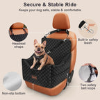 Elevated Dog Car Seat for Small/Medium Dogs up to 35 lbs, Memory Foam Booster Seat with Detachable Washable Cover, Travel-Safe Car Bed with Safety Belts & Storage Pockets, Black