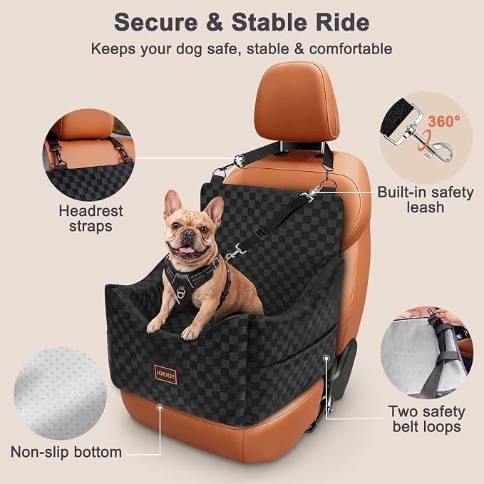 Elevated Dog Car Seat for Small/Medium Dogs up to 35 lbs, Memory Foam Booster Seat with Detachable Washable Cover, Travel-Safe Car Bed with Safety Belts & Storage Pockets, Black
