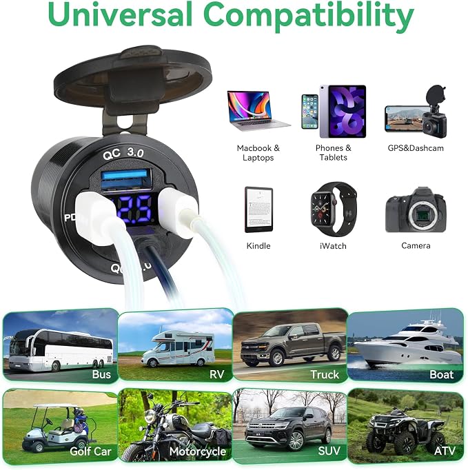 12V USB Outlet 4-Port, 78W Dual PD30W & QC3.0 Fast Charger, Waterproof Aluminum Alloy 12v Power Outlet with Blue Voltmeter for Cars RVs Boats Golf Carts Trucks Motorcycles