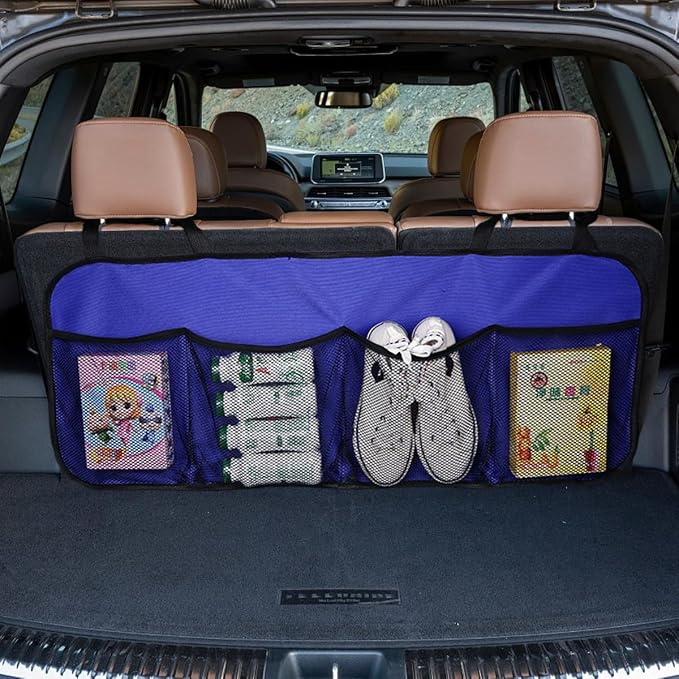 Car Trunk Organizer, Large Capacity Backseat Hanging Storage Bag with 4 Pockets, Waterproof Foldable Car Interior Organizing Accessories, Universal for SUV, Truck, Van, MPV (Blue)