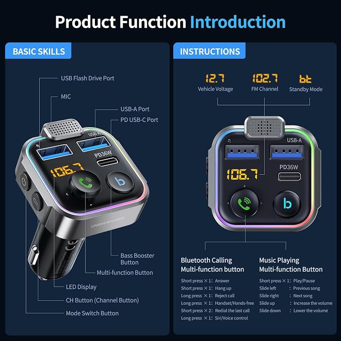 Bluetooth FM Transmitter for Car, PD 38W Fast Charging, Wireless Bluetooth FM Radio Adapter, Car Kit with Hands-Free Calls, HiFi Bass Boost MP3 Music Player Support USB Drive