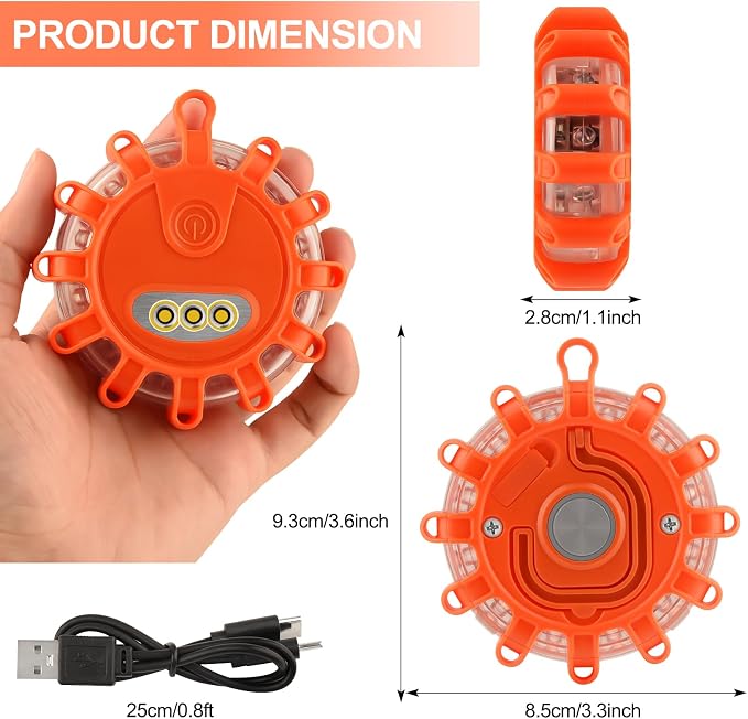 USB Rechargeable LED Road Flares Emergency Lights with Magnetic Base, 9 Strobe Options Roadside Emergency Warning Car Safety Beacon Flashing Disc Flare Kit for Vehicles & Boat (Orange Lights, 6 Pack)