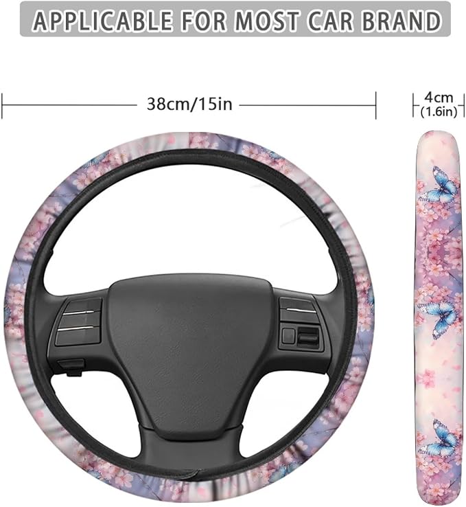 Butterfly Peach Blossom Pattern Car Steering Wheel Cover with a Diameter of 15" Comfortable Auto Steering Wheel Protector Car Interior Accessories Fit Most Van SUV Truck Car