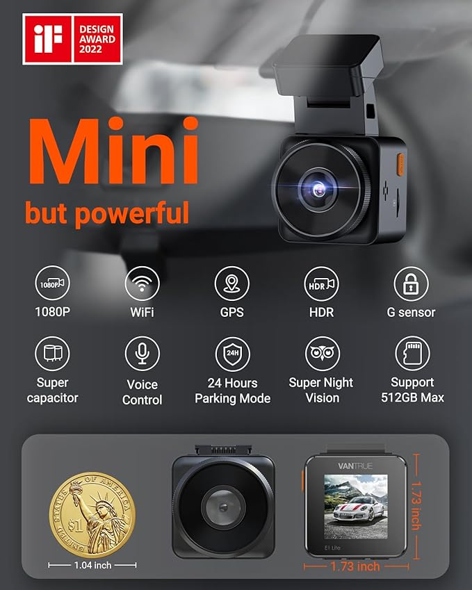 E1 Lite 1080P Dash Cam, Mini Car Camera with Night Vision, 60fps Dash Cam with GPS and Speed, Wi-Fi APP Control, Loop Recording, Voice Control, 24H Parking Mode, Support 512GB